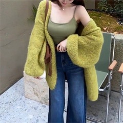 韩系秋冬新款针织开衫女氛围感宽松显瘦灯笼袖慵懒风软糯外套女装