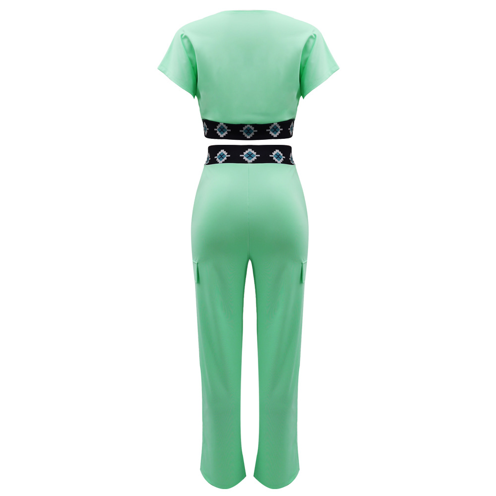 Casual Short Sleeve Coat Women Summer Solid Color All Matching Loose Straight Trousers Two Piece Set