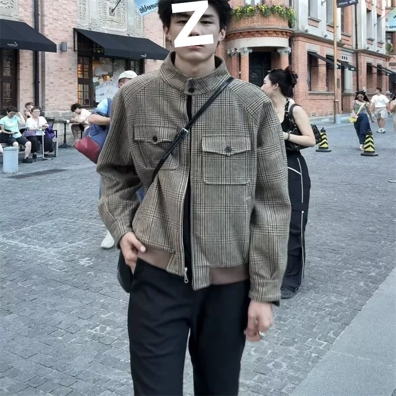 Ретро клетчатая шерстяная куртка Harrington, воротник-стойка, свободный крой, хаки, размеры M-L-XL-2XL