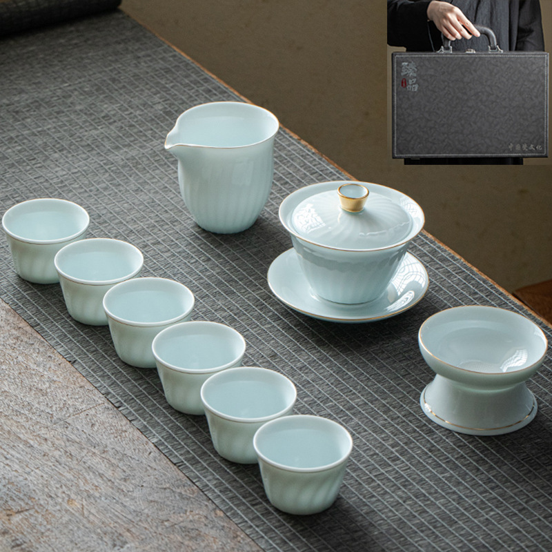 ギフト工夫茶器セット卸売り家庭用ロゴ蓋碗提梁壺開業徳化陶磁器茶器セット|undefined