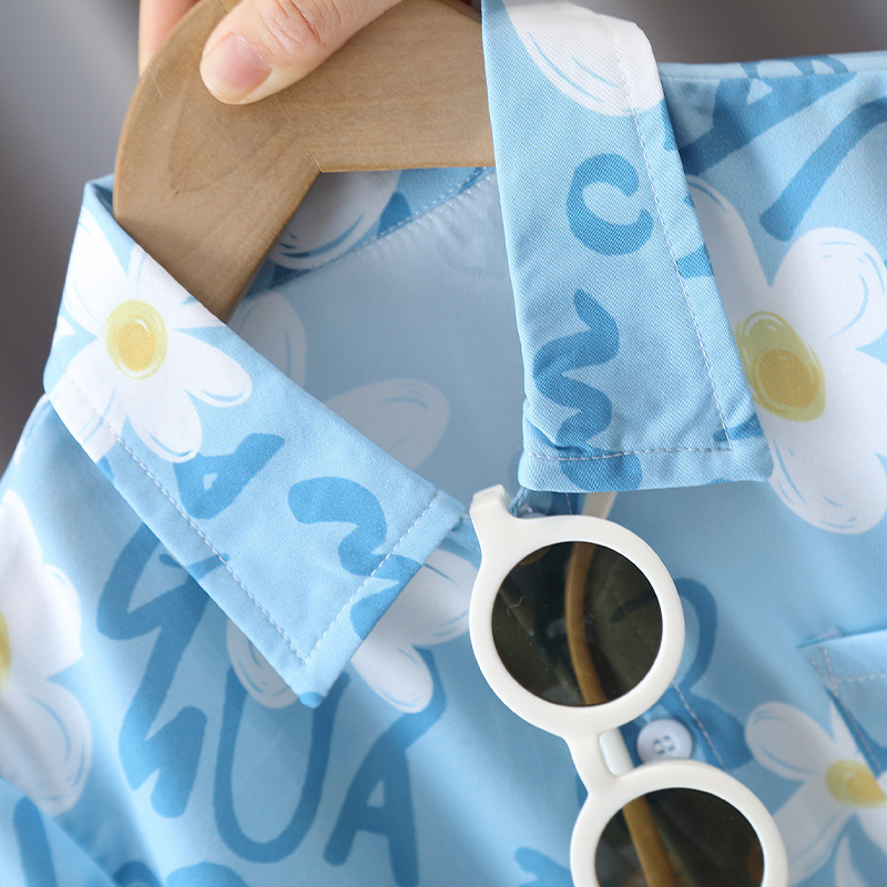 7113 Traje de ropa de playa para niños Camisa de flores de manga corta de verano Pantalones cortos Ropa de verano de vacaciones para niños Traje de dos piezas Red Red Tide