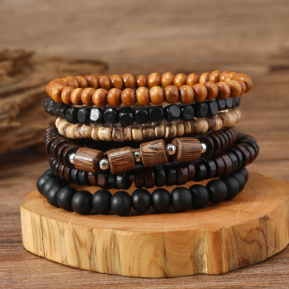 Elastic string, Wood Material Geometric Pattern Casual Retro Simple Style Geometric Elastic String Wood Beaded Men's Bracelets Men Beaded Bracelets