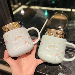 Cute Girl Heart Rainbow Unicorn Mirror Ceramic Cup with Lid and Spoon, Sister Friend Student Water Cup Breakfast Coffee Mug