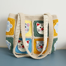 新款手工钩织单肩包 卡通矛猫头方格女包 毛线钩织肩挎包成品