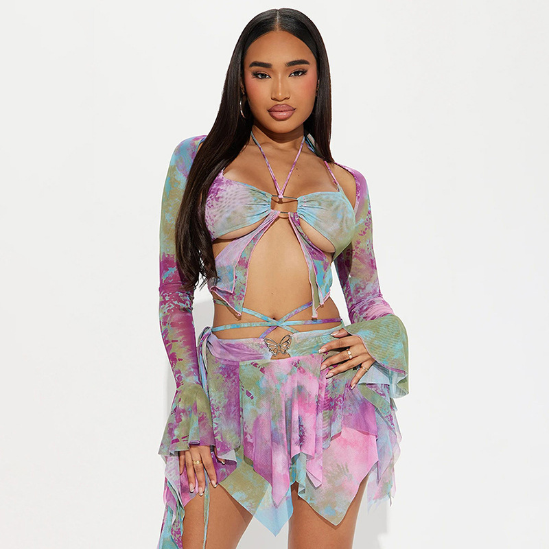 Modisches Damen Shorts Set Mit Schmetterlingsdruck Und Glockenärmeln_voghion.com