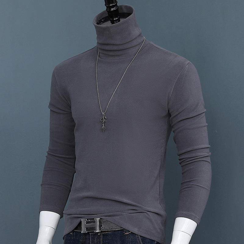 Men's Velvet High Collar Base Shirt Autumn and Winter Youth Double-sided Velvet Thickened Warm T-shirt Long-sleeved Solid Color Slim-fit Top