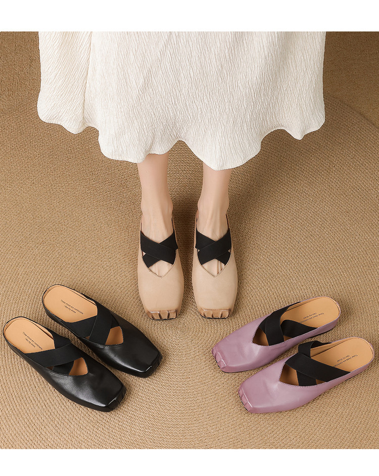 Giày búp bê mũi vuông retro da ngựa, quai sau hở, dép sandal mới hè — đen chi tiết 5