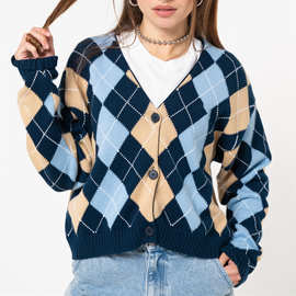 cc宋妍霏同款复古菱形设计感慵懒风开衫长袖毛衣休闲外套女