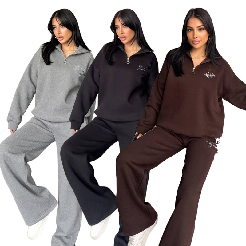 Y71646 European and American Women's Fashion Cross-Border Sweatshirt Autumn and Winter Loose Jacket Stand Collar Slimming Coat Fitness Sports Two-Piece Set
