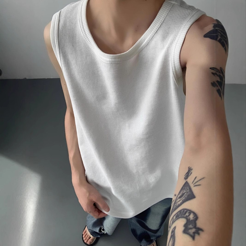 Sexual Tension Wear Men's Vest Summer New Waffle Sleeveless T-Shirt Loose Casual Sports Round Neck T-Shirt
