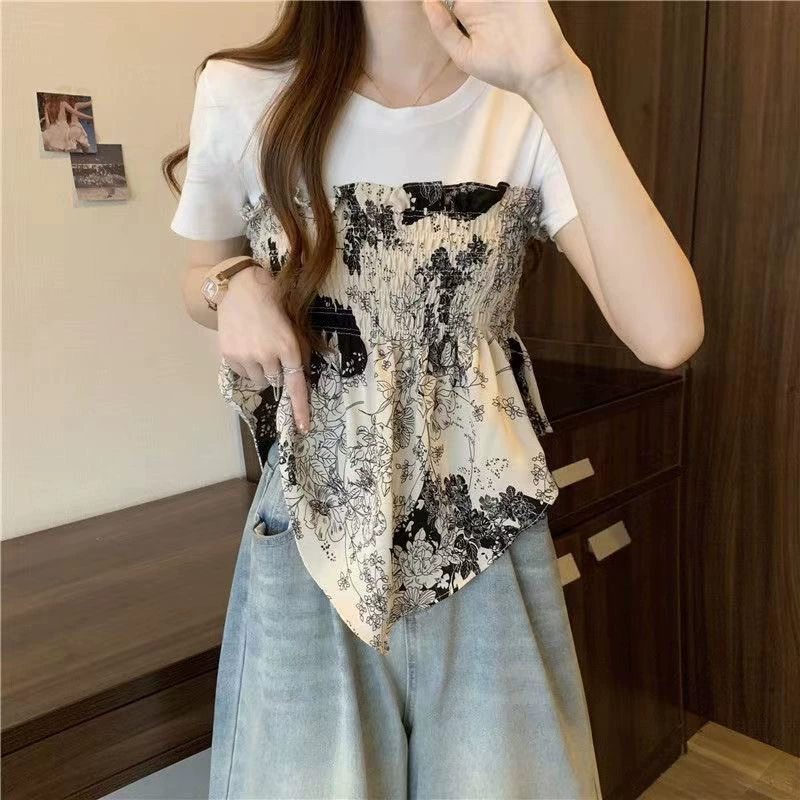 Женская летняя рубашка из двух частей с короткими рукавами, свежий и милый топ, утягивающий дизайн, рубашка нестандартной формы.