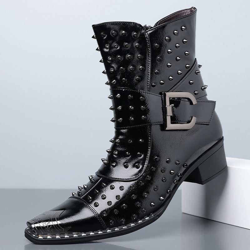 European and American Metal Style 2026 Autumn and Winter Foreign Trade Rivet Short Boots with Chunky Heels and Side Zipper Fashion 65917