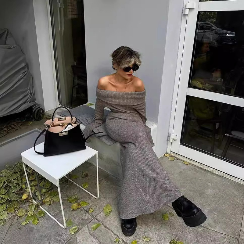 2024 Amazon European and American Style Celebrity Off-Shoulder Sweater Dress, Long High-End Waist-Cinching Bodycon Dress for Women 2024 Amazon European and American Style Celebrity Off-Shoulder Sweater Dress, Long High-End Waist-Cinching Bodycon Dress for Women