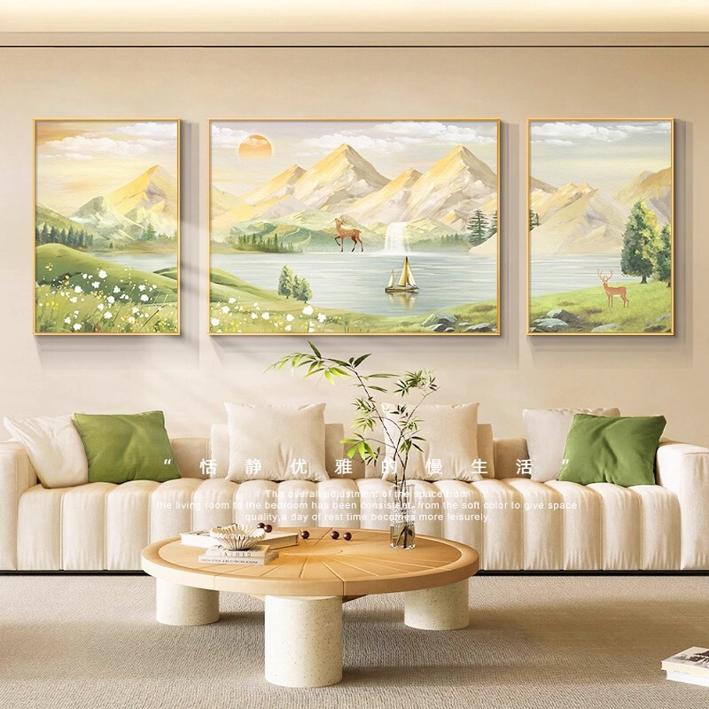 日照金山客厅装饰画奶油风沙发背景墙挂画山水风景三联画高档壁画|undefined