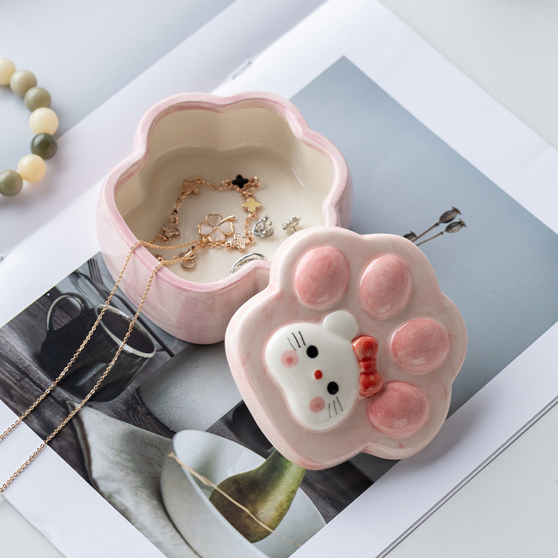 Cute Cartoon Cat Paw Jewelry Box with Lid, Ring Tray, Dressing Table Jewelry Tray, Entryway Storage Box, Ceramic Ornament