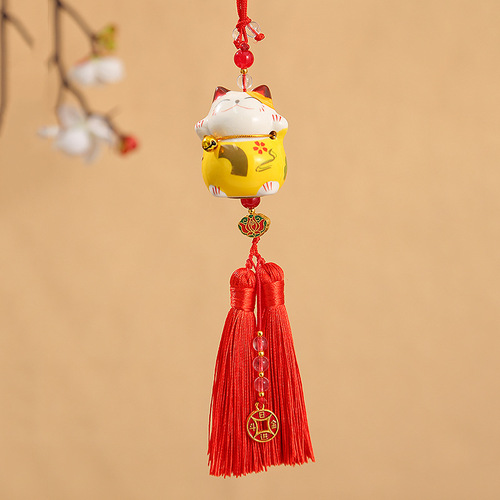 Lovely ceramic creative cartoon god wealth lucky cat hand car accessories hanging car rearview mirror double tassel pendant gift