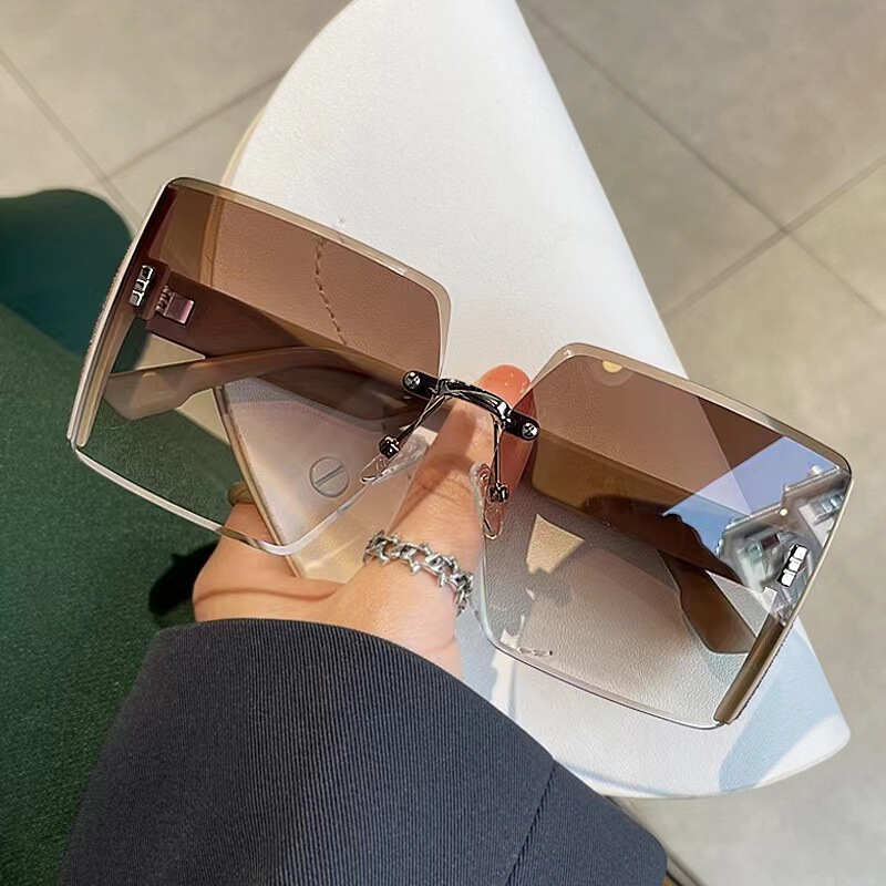 High-end Sense Square Frameless Cut-edge Sunglasses Cyber-red Personality Trendy Cool Sunglasses Women's Big Face Slimming Fashionable Glasses