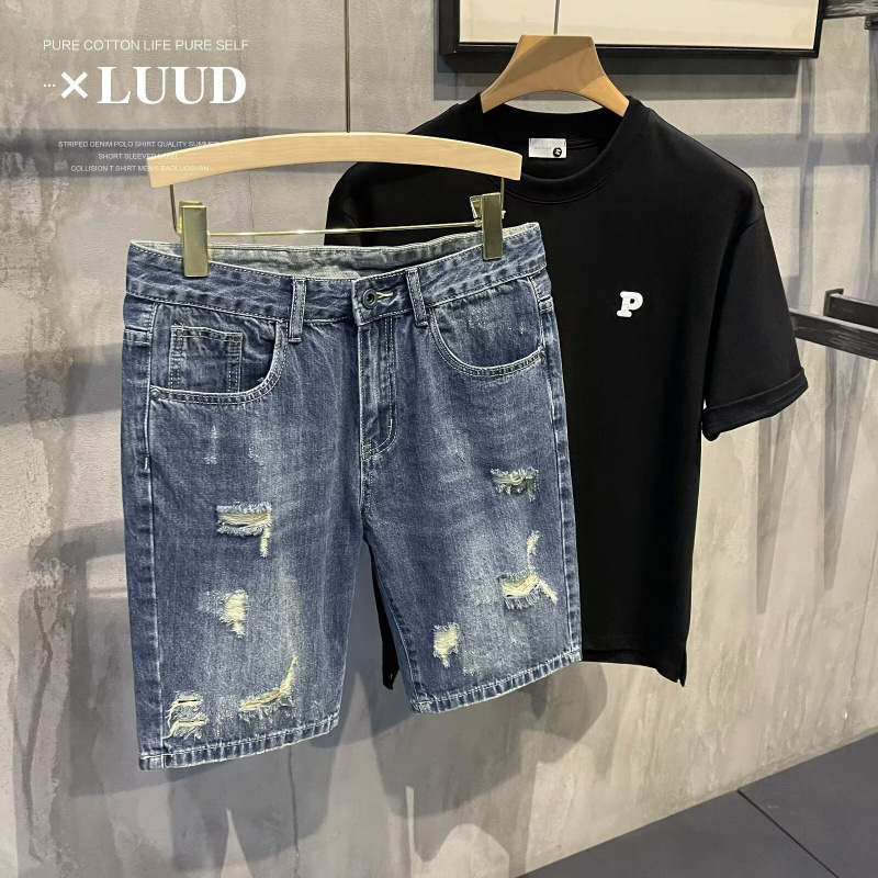 Men's Ripped Denim Shorts Casual Loose Fit Washed Perforated Straight Leg Mid Waist Trendy Summer Style Cotton Five Point Pants_mkmklike.com