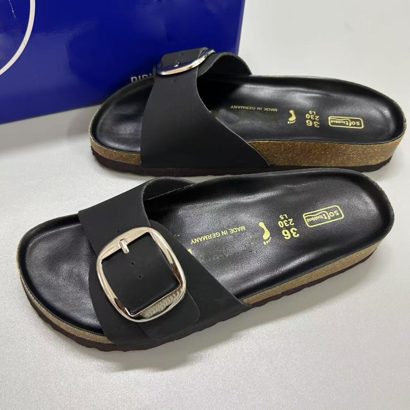 Foreign Trade Birkenstock Slippers for Women New Beach Open-Toe Flat Sandals with Large Gold Buckle European and American Large Size Women's Sandals