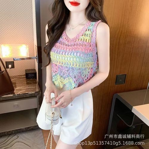 Dopamine Resort Style Hollow Crochet Flower Knitted Camisole Women's New Sweet & Spicy Slim-fit Short Vest Top