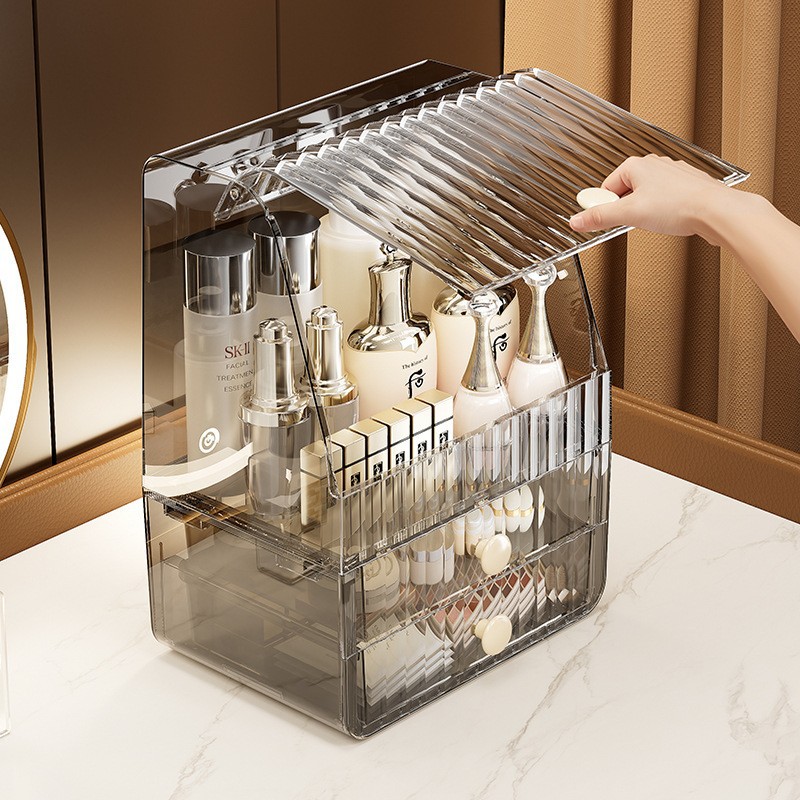 Caja de almacenamiento de plástico de lujo ligero para el hogar Caja de almacenamiento de cosméticos tipo cajón Gabinete de almacenamiento a prueba de polvo de escritorio de alta calidad