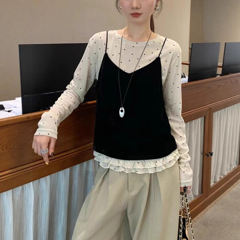 Casual Two-Piece Top European Station 2025 Autumn Fashion Gold Velvet Camisole Polka Dot Long-Sleeved T-Shirt for Women