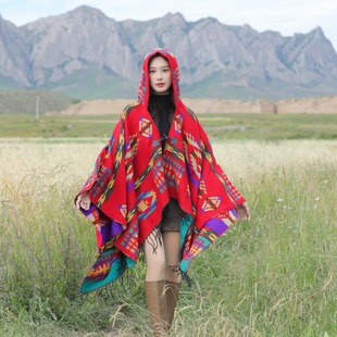Spring Versatile Personality Geometric Ethnic Style Buckle Cape Comfortable Breathable Warm Tassel Hooded Shawl Cape