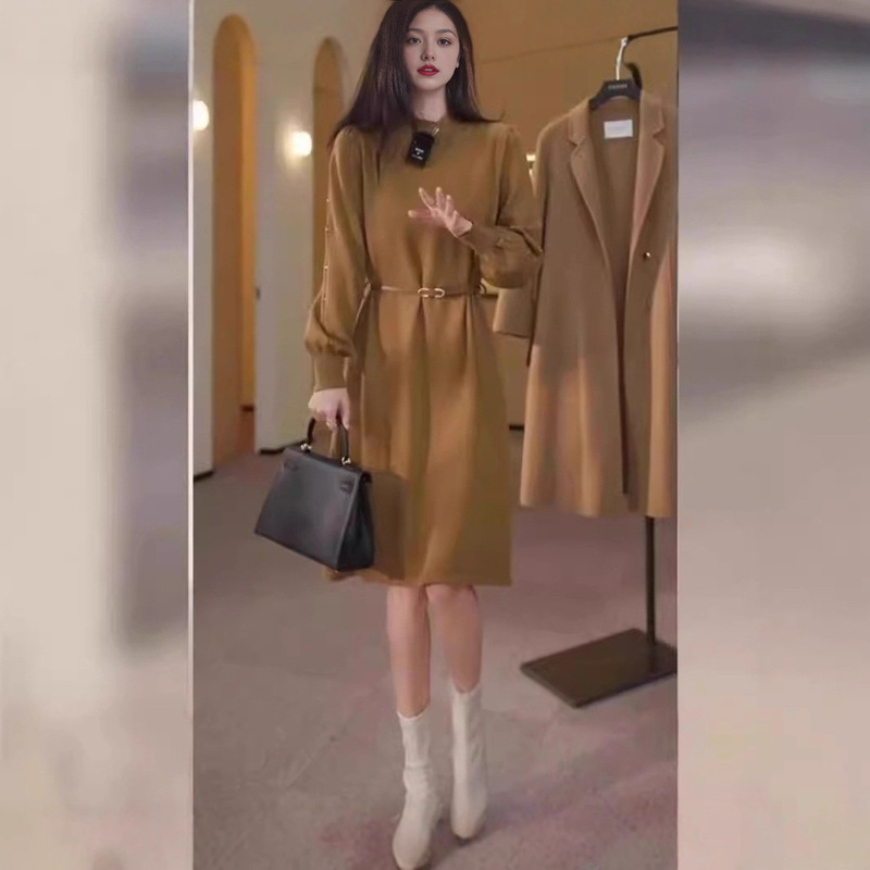欧洲站秋冬2025新款女装法式高级感中长款针织内搭打底毛衣连衣裙|undefined