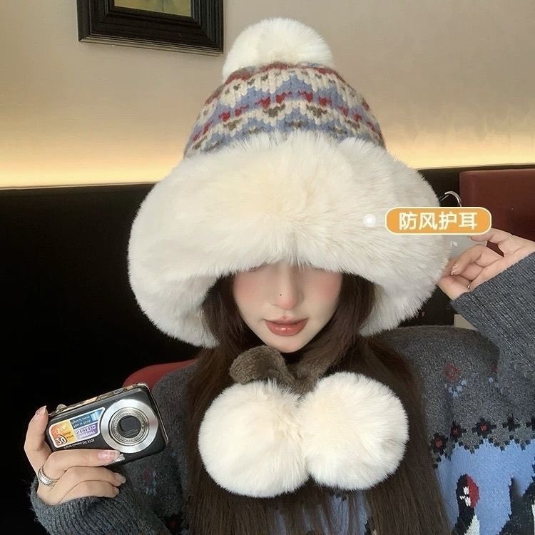 可爱毛绒帽子女冬季加绒针织毛线帽护耳保暖毛茸茸东北防寒雷锋帽|undefined