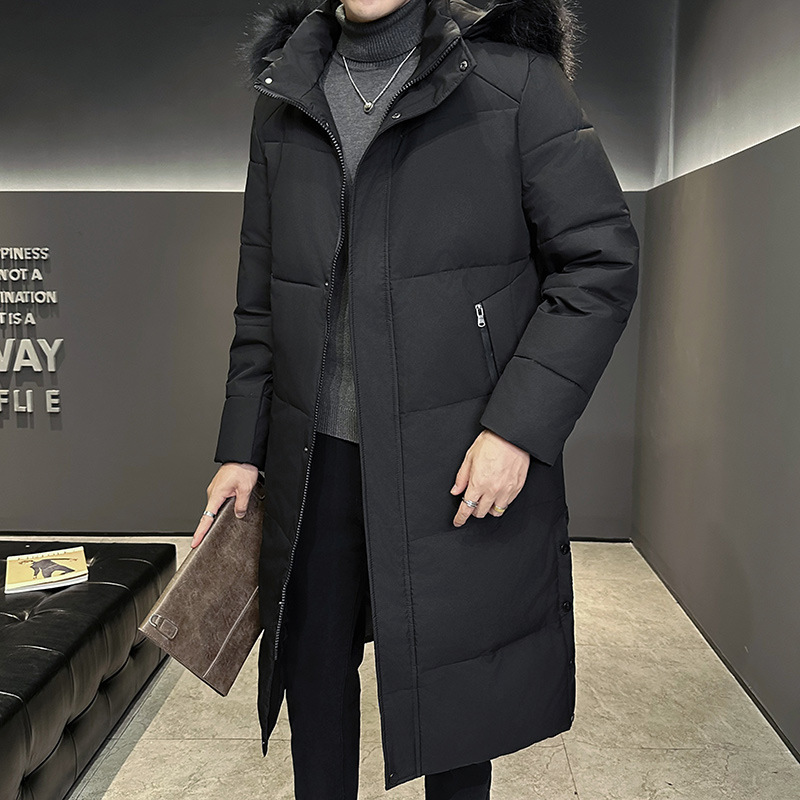 Fábrica directa de invierno para hombres de cuello largo de pelo grueso calentamiento sobre rodillas chaqueta de plumón juvenil