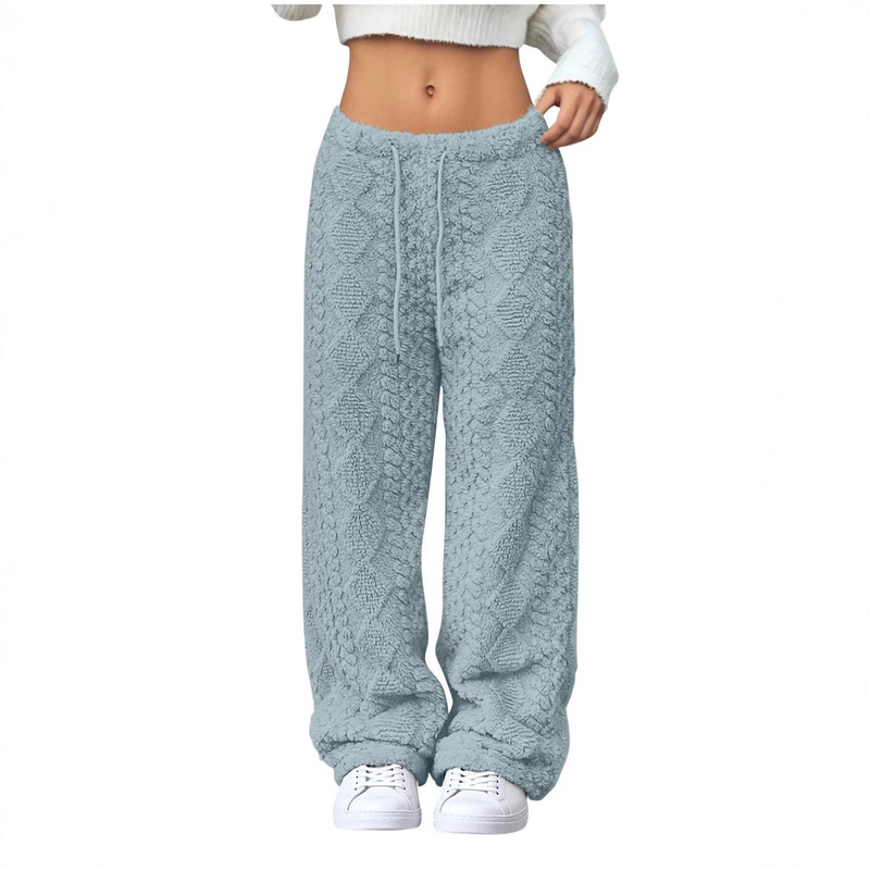 2025 Cross-Border Export Autumn and Winter New Plush Pajamas Fashionable Jacquard Elastic Waist Fleece-Lined Loose Straight Pants for Women