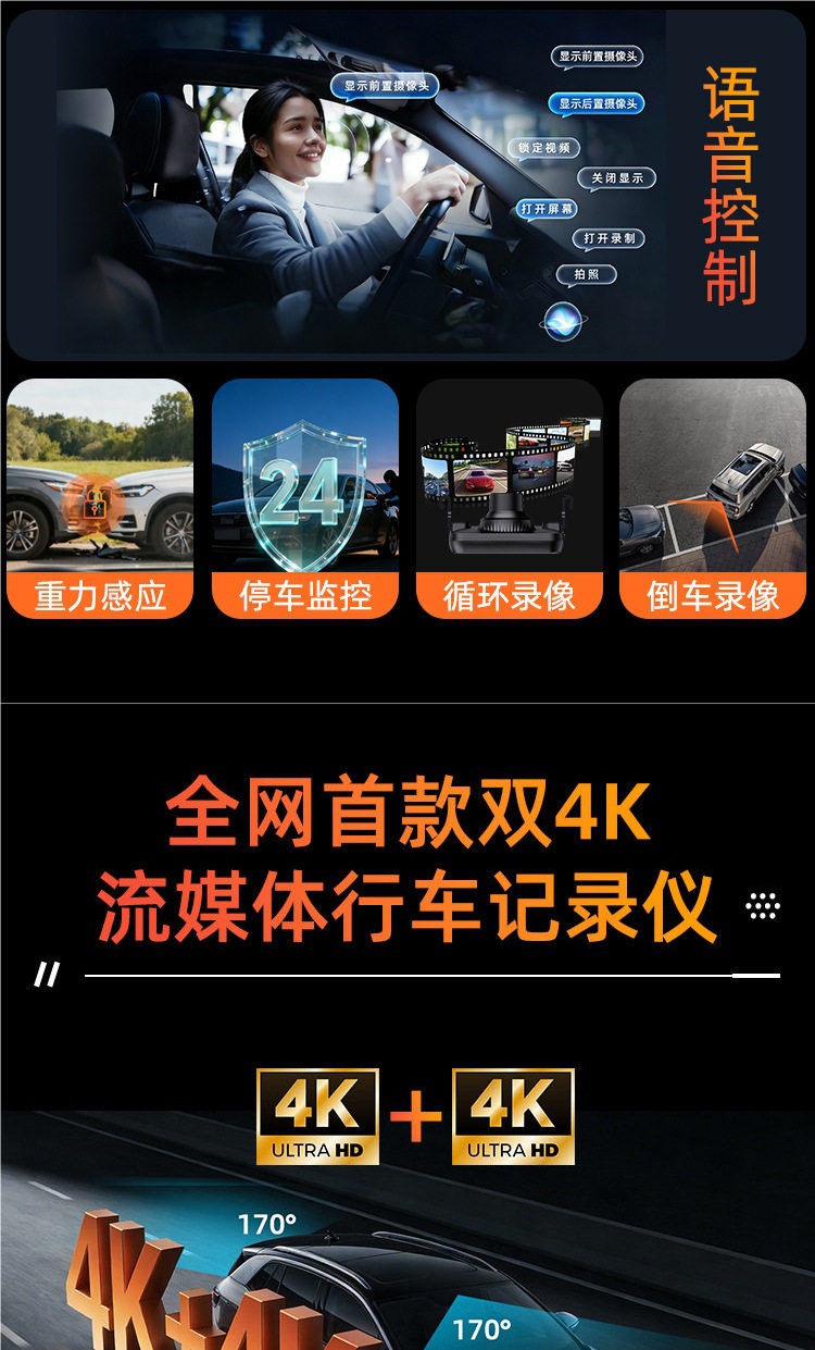 Front and Rear 4K Electronic Rearview Mirrors, In-Car Streaming Media Driving Recorder, Reversing Image, Blind Spot, Carplay Navigation