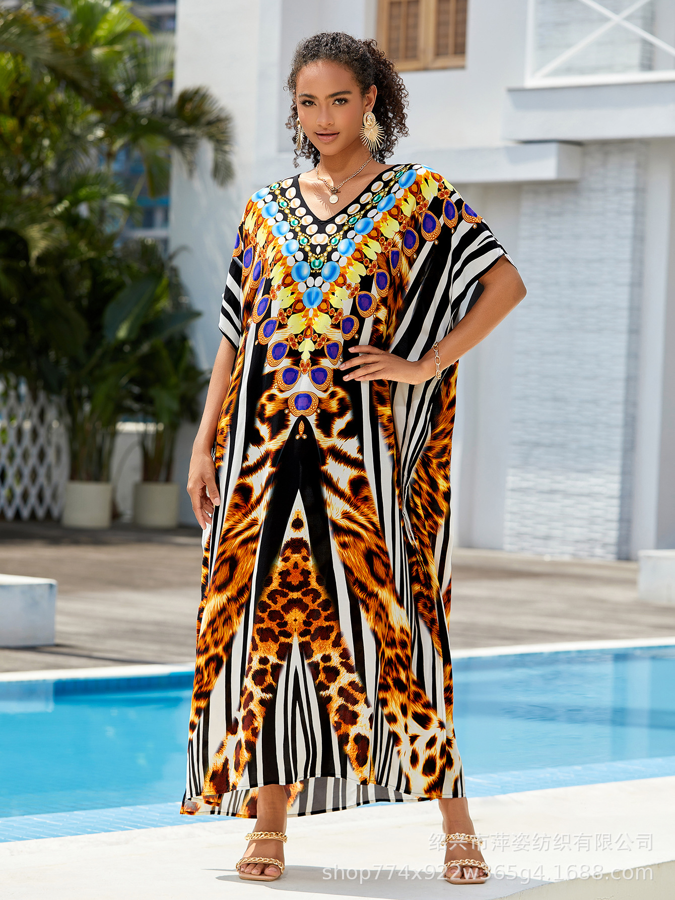 Camiseta de playa de algodón impresa bohemia vestido de manga de murciélago vestido bikini camiseta protector solar AT669