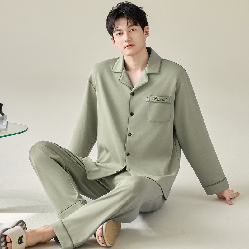 100% Cotton Pajamas for Men, New Autumn and Winter Lapel Long-Sleeved Pants, Can Be Worn Outside Home Clothes, Loose Large Size Suit