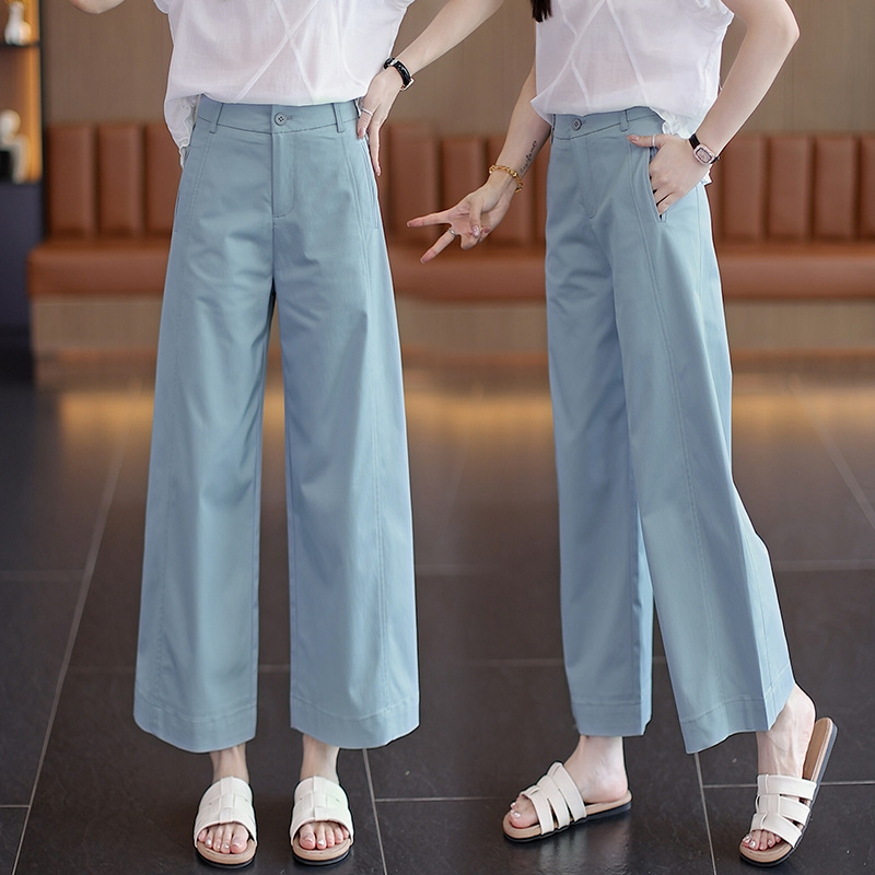 黄色の女性用8点ワイドレッグパンツ、夏用薄手2025新作シワ防止アイスシルクスーツパンツ、後ろが伸縮性のあるカジュアルパンツ|undefined
