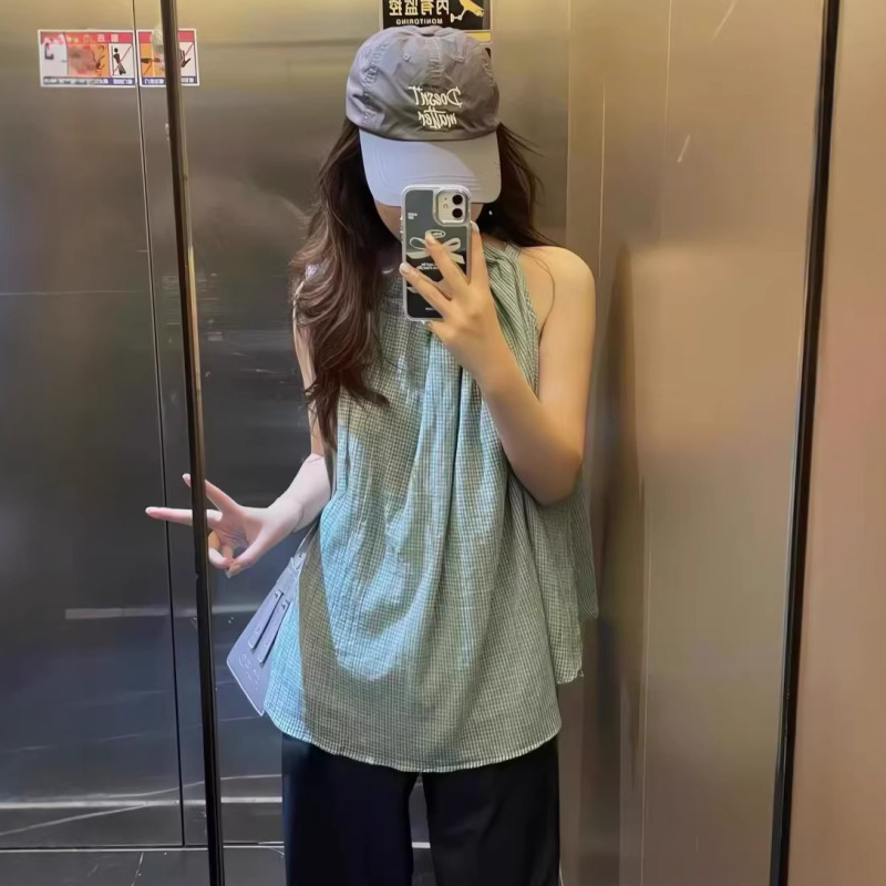Summer New Style Halter Neck Shirt with Green Plaid Pattern, Loose A-Line Casual Sleeveless Top with Tie Straps for Women