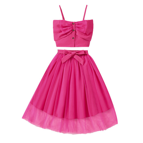 Foshan Children's Summer 2024 Cross-border Stylish Shoulder Straps Butterfly Bow Short-sleeve Blouse Mesh Skirt Set for Girls