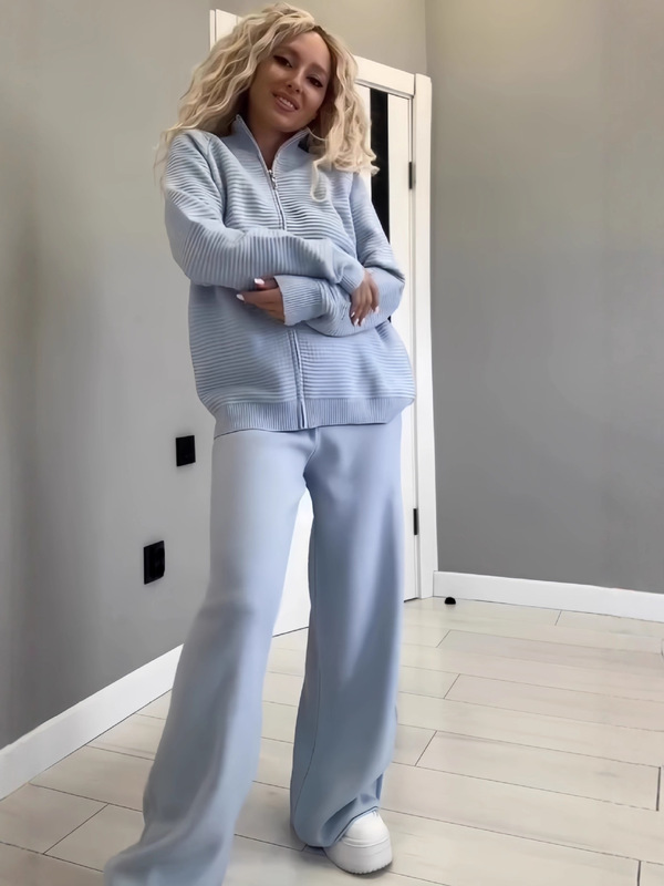 2025欧美跨境秋冬独立站女装纯色长袖拉链上衣舒适休闲套装2件套|undefined