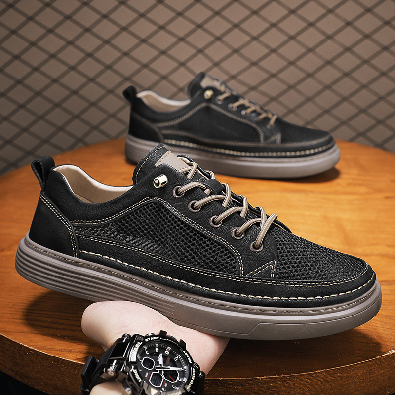 Zapatillas transpirables de malla de ojos grandes de cuero de microfibra de verano 2025 Versión coreana de zapatos negros de suela gruesa en vivo Zapatos de hombre Douyin Tide