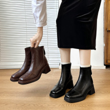 高跟方头短靴马丁靴春秋季加绒单靴女靴后拉链短靴女士粗跟靴子