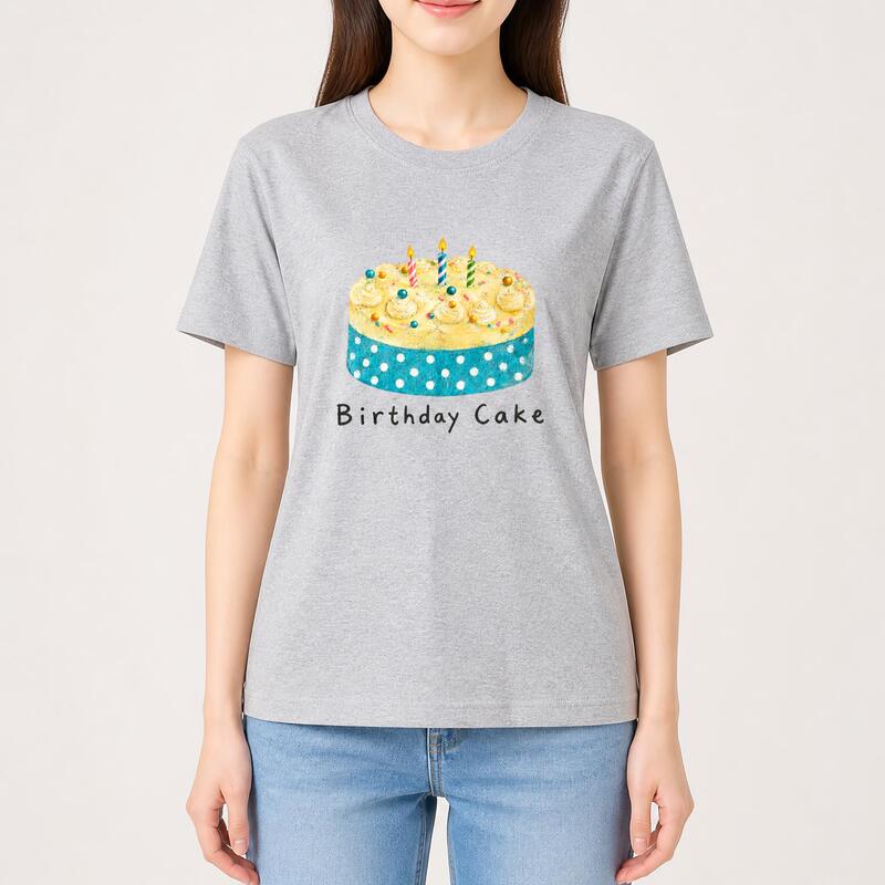 Heather gray pure cotton birthday cake print loose t-shirt for women in summer