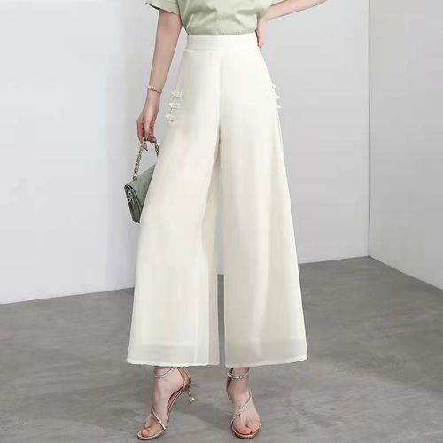 Women's 2025 New White High-Waisted Loose Slimming Summer Skirt Pants Sheer Chiffon 9/10 Length