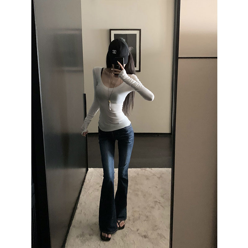 High-Waisted Jeans for Tall Women, Autumn Wash Blue Stretch Slim Fit Flared Floor-Length Pants, Slimming and Leg-Lengthening, Ins Style