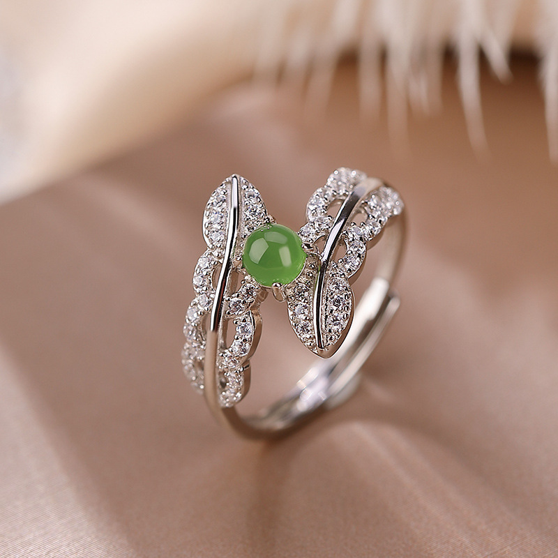 Nhẫn bạc S925 đính đá jasper thiết kế lá cây hoang dã thanh lịch — Mở một size
