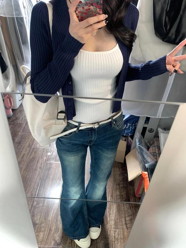 韩系藏青色开衫针织衫女春秋短款内搭叠穿吊带背心修身两件套上衣|undefined