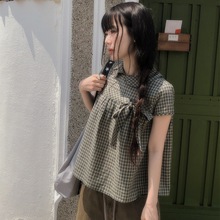 韩国chic夏季绑带蝴蝶结格纹娃娃衫短袖女复古学院风短款日系衬衫