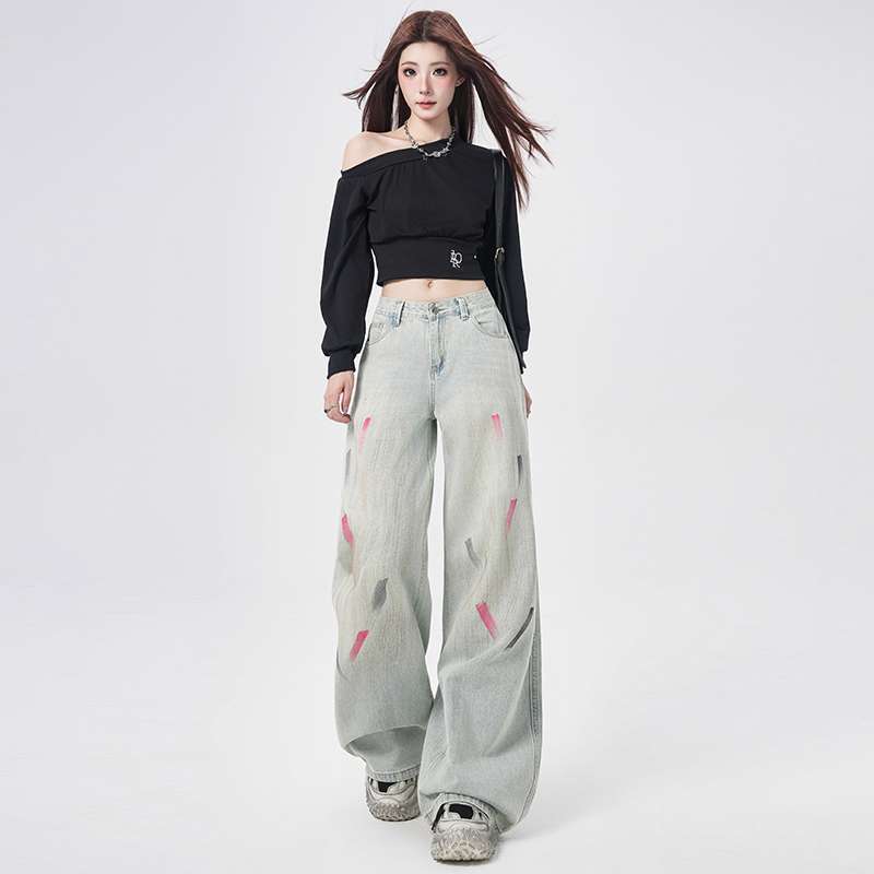 In-Stock Batch Printed Heavy Craft Wide-Leg Pants Women's Straight-Leg Pants Retro Style Jeans Women
