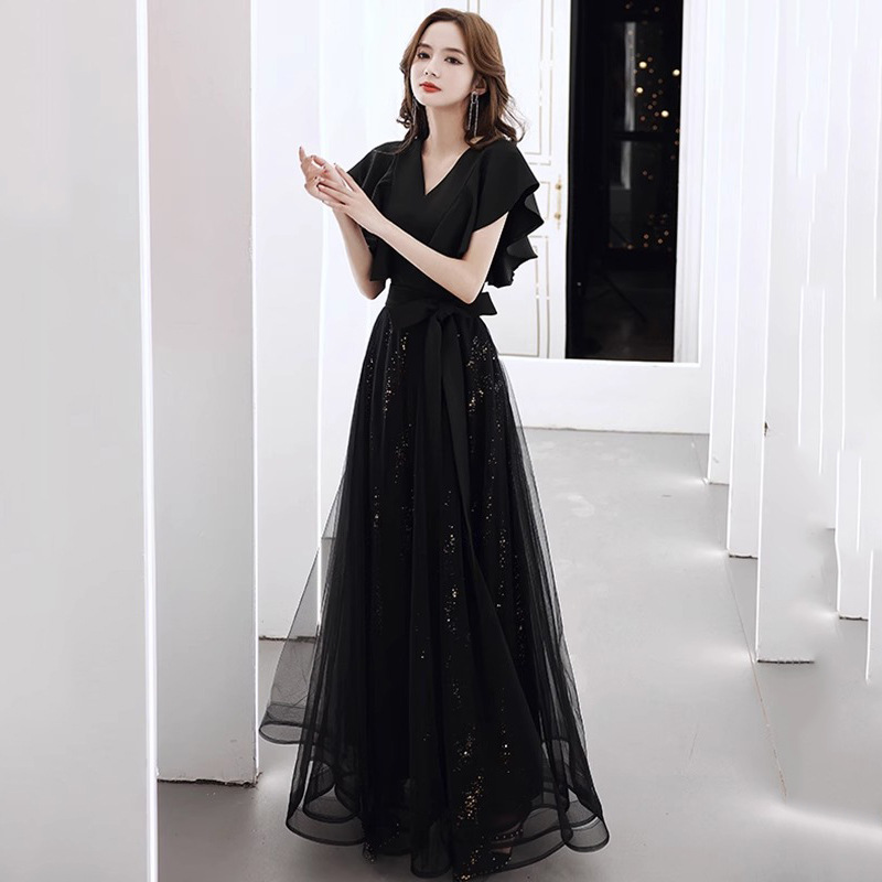 Black Evening Dress Female Banquet Temperament Ladies Middle School Students Art Test Host High Sense Choir Performance Long Dress