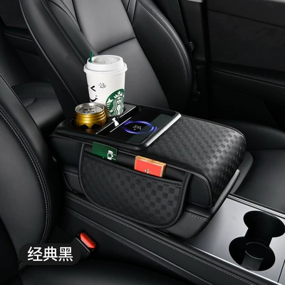 15W Wireless Charging Car Armrest Box Pad Storage Multifunctional Heightening Pad with Integrated Wireless Fast Charging for Mobile Phones (Armrest box pad) - rechargeable-classic-black-three-dimensional-flower