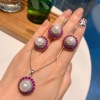 Retro earrings from pearl, ruby set, micro incrustation, 3 piece set, wholesale